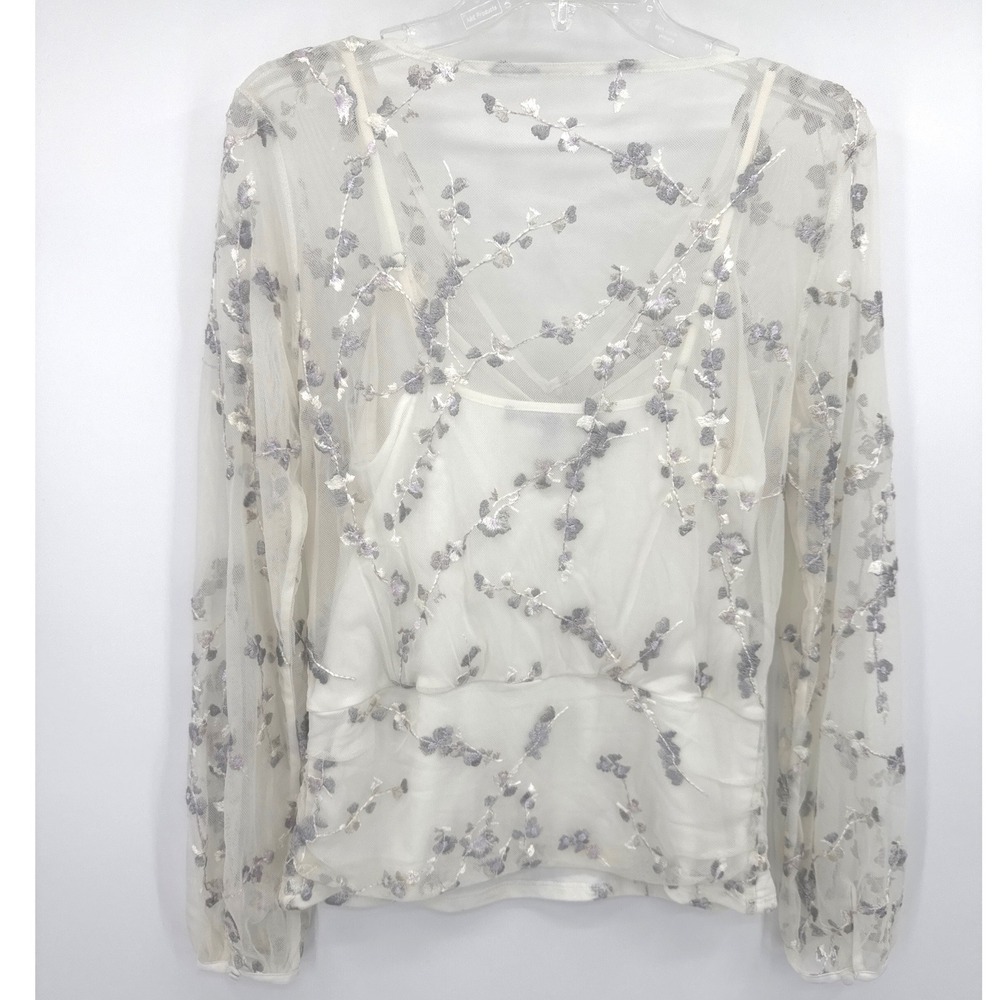 White House Black Market Womens Embroidered Mesh Blouse Small White Floral Sheer - Picture 9 of 9